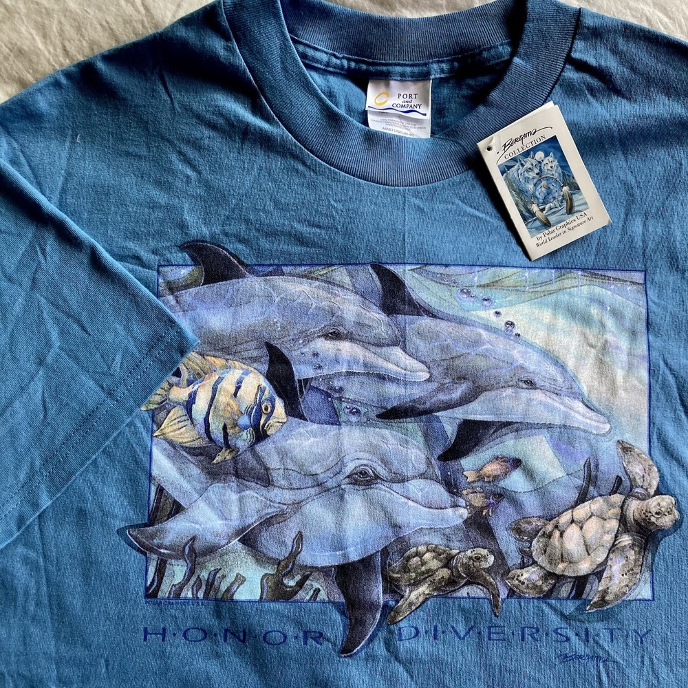 NWT Jody Bergsma Honor Diversity USA T-Shirt Crew Women's L Blue Dolphin Turtle